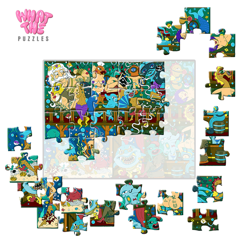 Colorful puzzle with cartoon characters and 'What The Puzzles' branding.