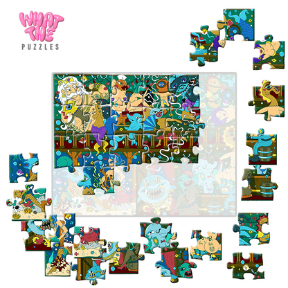 Colorful puzzle with cartoon characters and 'What The Puzzles' branding.