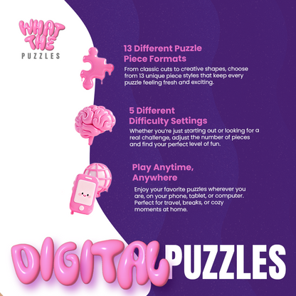 Promotional graphic for WHAT THE PUZZLES with text and puzzle piece illustrations on a purple and white background.
