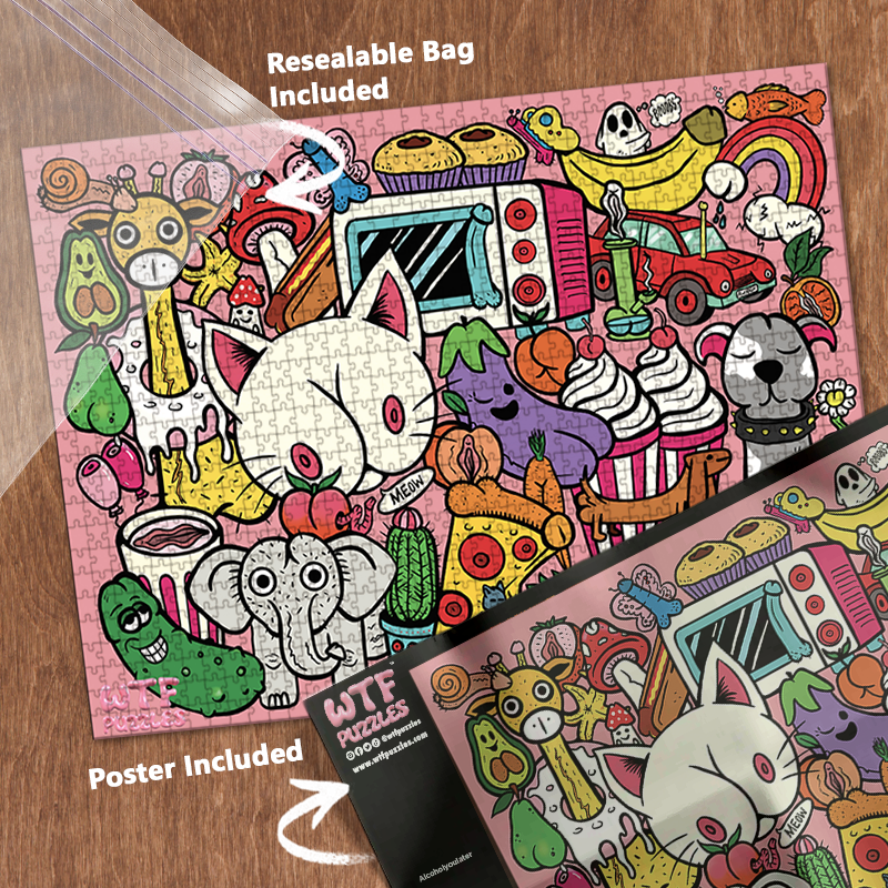 Dirty Doodles 1000-piece jigsaw puzzle with resealable bag and included poster.